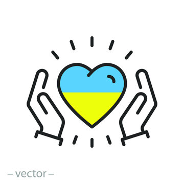 help ukraine icon, flag and heart in hands, support ukrainian peace, volunteer donation, thin line symbol on white background - editable stroke vector illustration