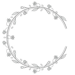 Abstract Black Simple Line Round Circle With Leaf Leaves Frame Flowers Doodle Outline Element Vector Design Style Sketch Isolated Illustration For Wedding And Banner