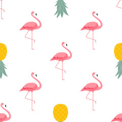 Colorful Pink Flamingo and Pineapple Seamless Pattern Background. Illustration.