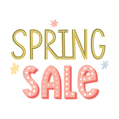 Spring sale. Hand lettering with decorated letters and doodle flowers. Cards template, handwritten phrase for greeting cards, posters, media. pastel colored illustration isolated on white background