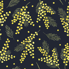Watercolor hand drawn seamless pattern with spring tender flowers - yellow mimosa on the dark background. For textile, wallpaper, wrapping paper, march, easter, card, linen.