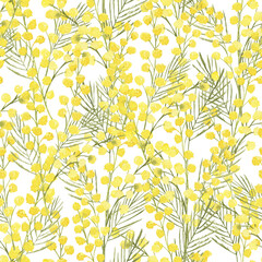 Watercolor hand drawn seamless pattern with spring tender flowers - yellow mimosa on the white background. For textile, wallpaper, wrapping paper, march, easter, card, linen.