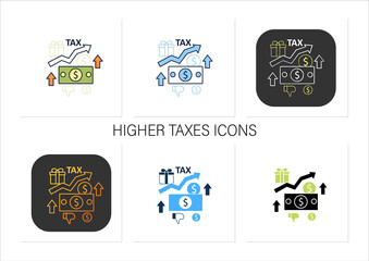 Higher taxes icons set. Higher percentage. Tax fee growth.Universal basic income concept.Collection of icons in linear, filled, color styles.Isolated vector illustrations