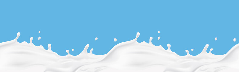 Milk splash seamless pattern isolated on blue background. 3d realistic yogurt wave border. Vector milky package design - obrazy, fototapety, plakaty