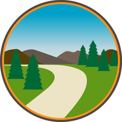 Curved walking path trail with pine trees and mountains - Vector Illustration