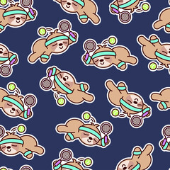 THE CUTE SLOTH IS PLAYING TENNIS. CARTOON PATTERN DESIGN.