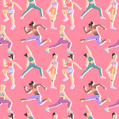 WOMEN ARE EXERCISING IN SOME DIFFERENT MOVEMENTS. FLAT PATTERN DESIGN.
