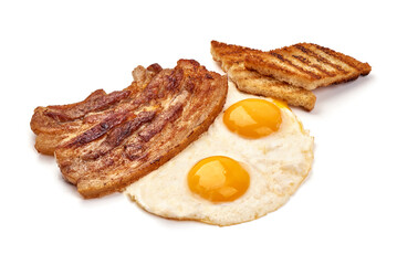Fried Bacon with eggs, american breakfast, isolated on white background.