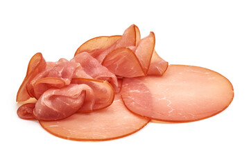 Jerked prosciutto slices, spanish dry-cured ham, isolated on white background.