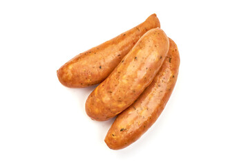 Bratwurst sausages, isolated on white background.