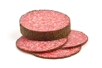 Salami sausage slices, isolated on white background. High resolution image.