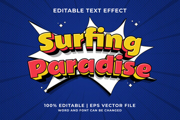 Obraz premium Editable text effect Surfing Paradise 3d Traditional Cartoon template style premium vector