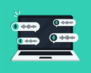 Voice notes. computer laptop with voice messages bubbles. Vector illustration