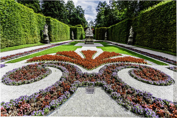 Formal garden with symmetrical flowerbeds