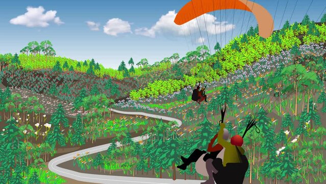 paragliders flying through flower fields