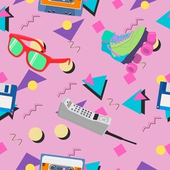 80s-90s pattern with rollerskate, sunglasses, phone, cassette and diskette. Vector semaless pattern or background