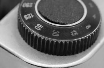 close-up black and white old film camera detail