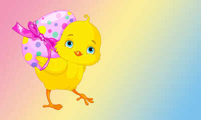 March 2022, Italy. Image of a yellow chick carrying a pink Easter egg, on a blue yellow and pink gradient background