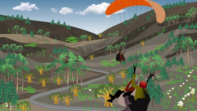 paragliders flying through flower fields