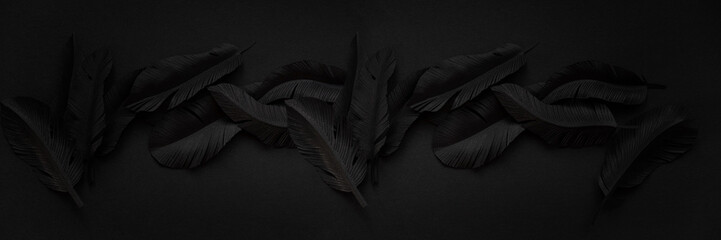 Details of black feathers cut out of paper, abstract dark background