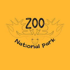 Logo, icon, emblem, plate, pointer zoo. black line art, gazelle animal with zoo and national park logo text on yellow background. In minimalist style. Cartoon flat Vector, image illustration, template