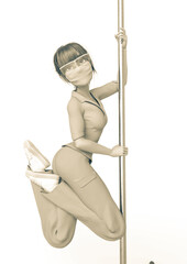nurse girl is doing exercise on a pole dance bar close up view