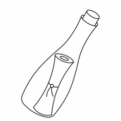 Single element Treasure map in a bottle. Draw illustration in black and white