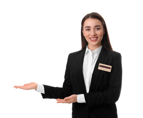 Portrait of happy young receptionist in uniform on white background