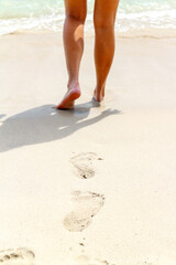 Shapely woman walking away across a sandy beach