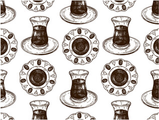 Sketch drawing pattern of traditional Turkish hot black tea in glass cup isolated on transparent background. Engraved Arabian brewed drink wallpaper. Tulip shape mug, pot. Vintage vector illustration. - 490763175