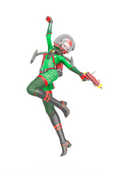 vintage astronaut girl is hanging with a laser gun in her hand