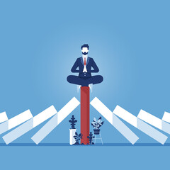 Businessman meditating on unique red domino tile among falling white dominoes, be different concept