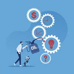 Businessman holding oil to gears meaning repair or solution factor of business, business solution vector concept