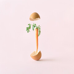 Orange carrot in the Easter egg on a pastel pink background. Minimal Easter composition. Surreal...