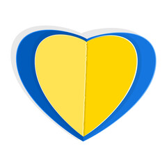 Heart icon with yellow and blue colors isolated on white background.Emblem with Ukraine flag.Ukraine flag icon in the shape of heart.Paper cut style. Ukrainian country symbol.Stock vector illustration