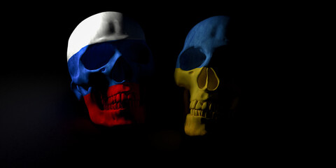 Russian and Ukrainian skulls on black background 3d illustration.