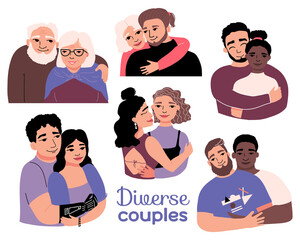 Diverse usual, homosexual and heterosexual couples set.  Inclusion. Cuddling. Vector