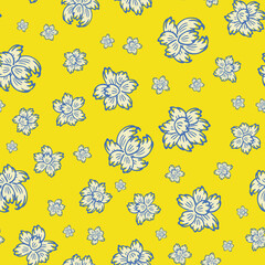 Abstract daffodil flowers vector seamless pattern background. Bright yellow blue mix of flower heads backdrop. Hand drawn design in offset style. Spring floral botanical nature repeat print.