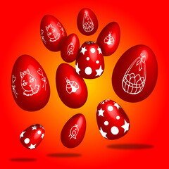 Festive Easter banner with red eggs. Design with 3D image for printing cards, invitation, book cover, stationery, backdrop, magazine.