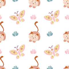 Seamless children's pattern with cute cats, flowers and butterflies on a white background. Vector design for baby products, diapers, clothes, textiles, wrapping paper, prints, decorations, packaging.
