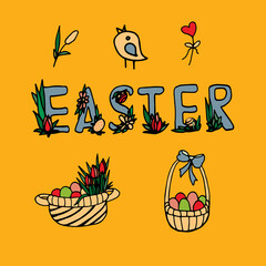 Easter poster and postcard template with Easter eggs in baskets on ocher background. Congratulations and gifts for Easter in a flat style. Easter promotion and shopping template