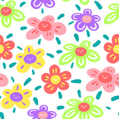 Fototapeta na wymiar Bright seamless pattern with funny flowers