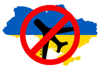 Close the sky of Ukraine - vector. Protest against the war in Ukraine. Red forbidding sign and military aircraft with missiles and bombs in map. Destruction of civilian population cannot be allowed.