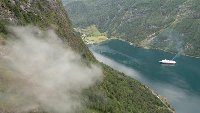 Geiranger village and Geirangerfjord aerial view, Norway