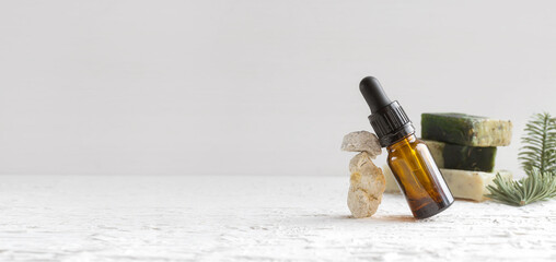 Eco cosmetic products for skin care of the face, body. Glass cosmetic bottles with natural...