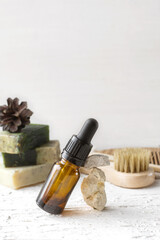 Naklejka premium Eco cosmetic products for skin care of the face, body. Glass cosmetic bottles with natural essential oil, vitamin and prebiotic serum for health. banner