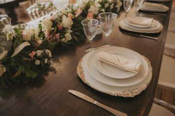 Wedding dinner flowers table decorations. Table set for holiday, event, party or wedding reception in a restaurant