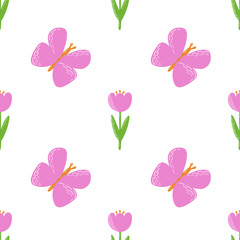 Floral seamless pattern with flower and butterfly. Scandinavian and folk design. Vector Illustration in pink and green colors for fabric, textile, background, wallpaper.