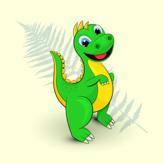 Smiling dino baby green. Yellow background. Fern leaf. Cartoon.