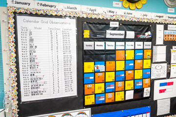 Chart, Calendar n wall in classroom at school - obrazy, fototapety, plakaty